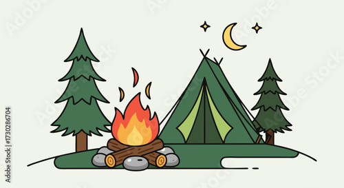 Camping scene illustration with a bonfire and tent under a starry night sky and crescent moon, symbolizing outdoor adventure and relaxation in nature