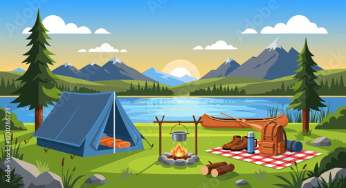 Scenic mountain lake with a campsite at sunset, featuring a tent, campfire, backpack, and canoe, perfect for outdoor adventures and nature exploration