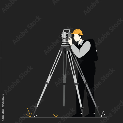 Surveyor using level in hard hat