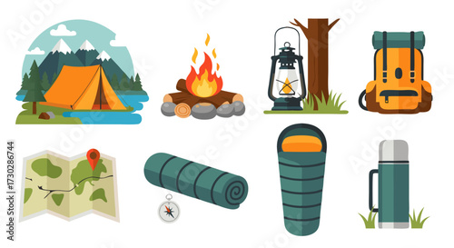 Illustration of camping equipment and nature scene with tent and campfire, designed for outdoor recreation and adventure activities