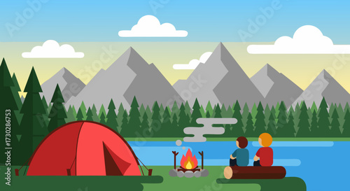 Scenic mountain landscape with a red tent, campfire, and two people enjoying the view by a tranquil lake, evoking a sense of outdoor adventure and relaxation