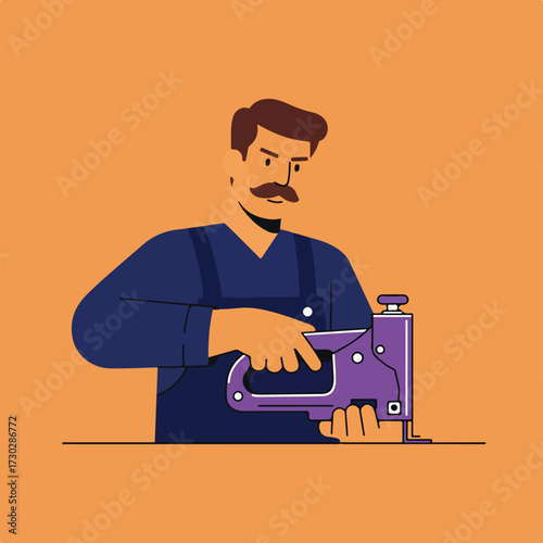 Man in overalls uses a staple gun