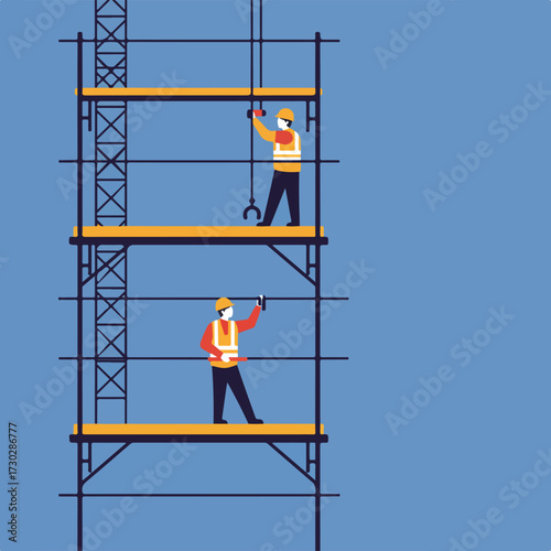 Workers on scaffolding, wearing vests, working on construction, on a blue backdrop