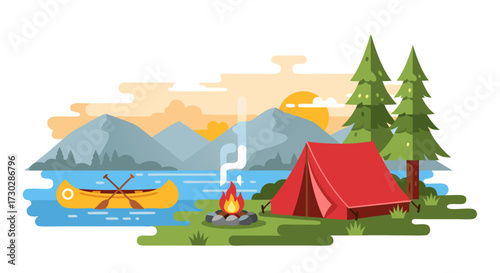 Vibrant Flat Illustration of a Serene Lakeside Campsite with Tent, Canoe, and Campfire Amidst Majestic Mountains and Lush Pine Trees