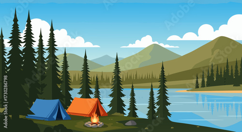 Scenic camping scene with tents, campfire, and lake set against a backdrop of majestic mountains and tall pine trees, perfect for outdoor adventure and nature exploration