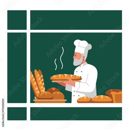 Baker displaying fresh bread against a dark green window pane background