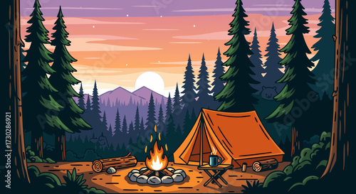 Vibrant vector illustration of a campsite with a glowing campfire and orange tent nestled amongst tall pine trees at sunset, with mountains in the background