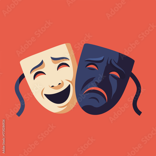 Comedy & tragedy masks, smiling and frowning, on a salmon-colored background