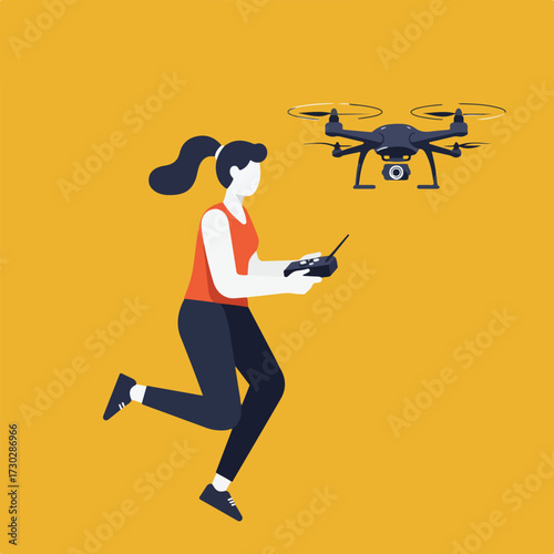 Woman runs with remote, controlling hovering drone against a yellow backdrop