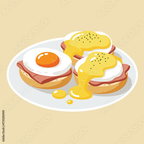 Plate of three breakfast sandwiches with egg, ham, sauce, on tan background