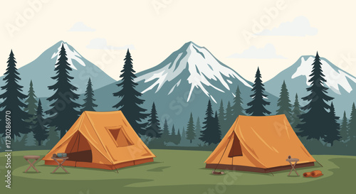 Two orange tents set up in a grassy field with a scenic mountain range and pine trees in the background, perfect for camping and outdoor adventures