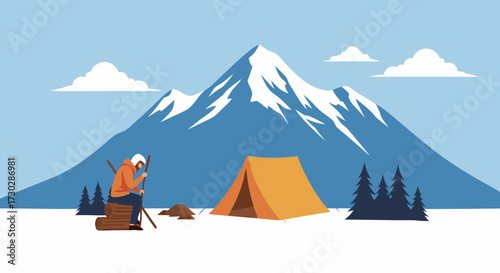 A lone adventurer rests by their campfire near a tent, with a snow-capped mountain range in the background, illustrating the serenity of the great outdoors