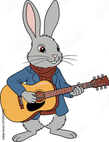 Cute grey rabbit playing an acoustic guitar. Funny cartoon bunny with a musical instrument on transparent background. Animal character for child design.