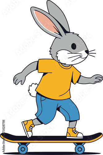 Gray rabbit with orange shirt and blue shorts riding skateboard on transparent background. Sport pet character.