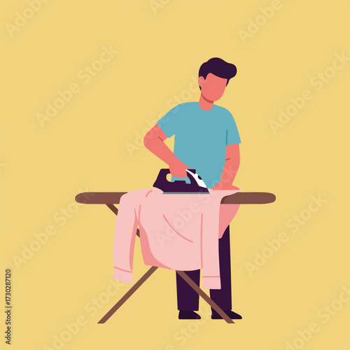 Flat illustration of a man ironing a pink shirt on an ironing board