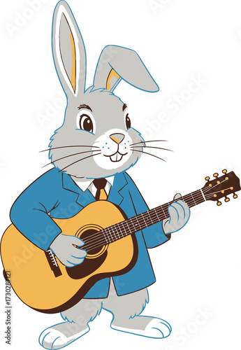 Gray rabbit playing acoustic guitar on transparent background. Cute bunny musician character design. Children's book illustration for spring event.