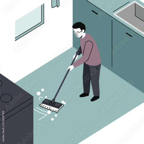 Man mops floor in an isometric kitchen with a window, sink, and stove