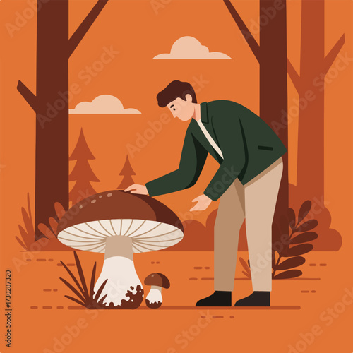 Man examines large mushroom in autumn forest, with smaller mushroom nearby
