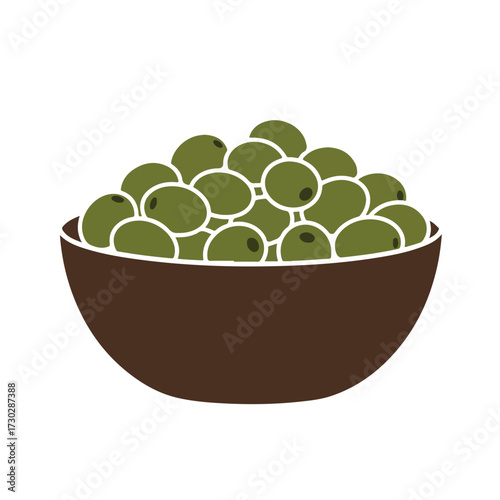 Brown bowl overflowing with green olives on a white background