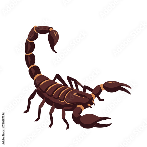 Isolated scorpion with segmented tail and large pincers, brown color