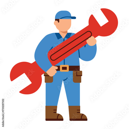 Flat illustration of a mechanic holding a large wrench