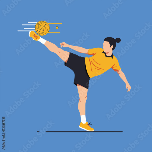 Person kicking rattan ball in sepaktakraw; action pose on blue