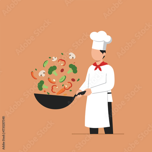 Chef tosses veggies in wok