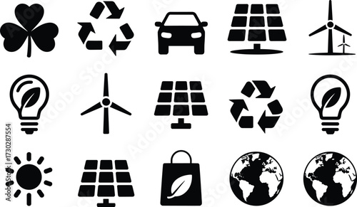 Eco friendly renewable energy icons, green recycling solar panel wind turbine sustainable power light bulb earth environment conservation illustration