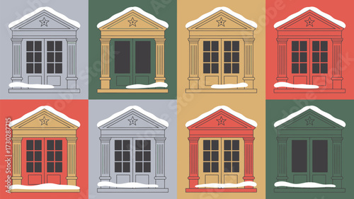 Eight colorful building facades with snow on the roof and doorstep in a grid pattern design