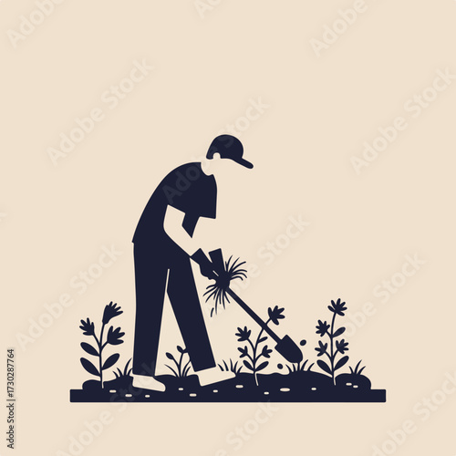 Person gardens, tending plants with shovel. Graphic illustration