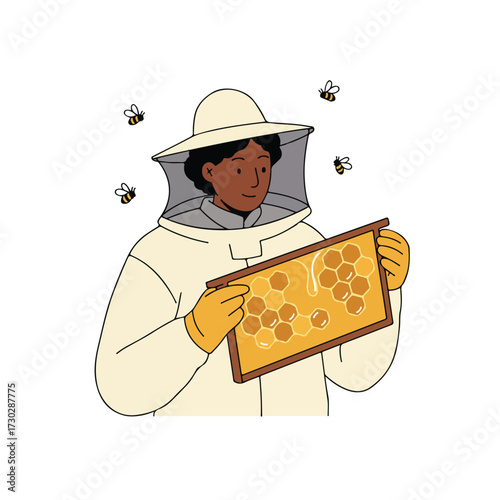 Beekeeper examines a honeycomb with bees buzzing around