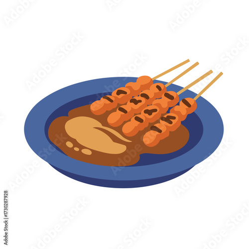 Skewered meat, satay, on a blue plate with brown sauce