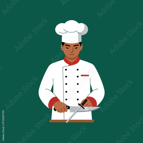Chef sharpening knife on green background, wearing white uniform and hat