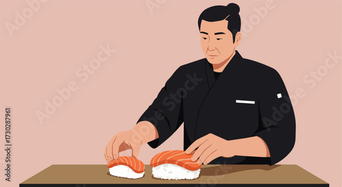 Asian chef meticulously places fresh salmon nigiri on sushi bar, ready to serve