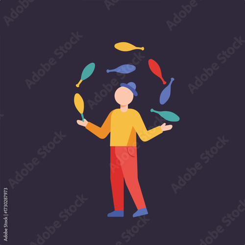 Person juggling pins, wearing casual clothes and hat, on a dark background
