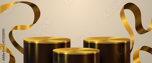 Podium scene background with golden ribbon. Winner stage pedestal or platform. Vector illustration