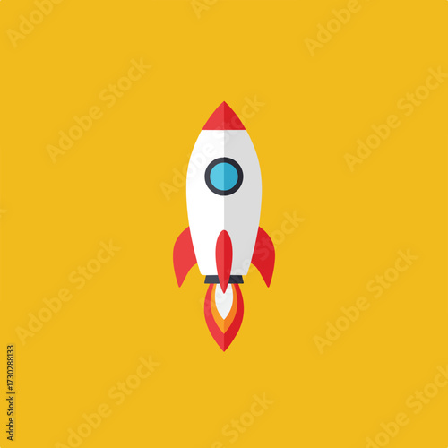 Cartoon rocket launching on a yellow background