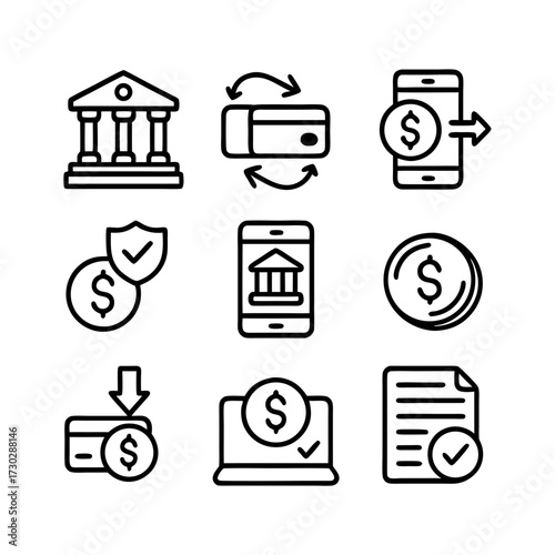 Set of online deposit icons featuring bank account, financial transaction, electronic transfer, secure payment, digital banking, virtual money, confirmation, and transaction history.