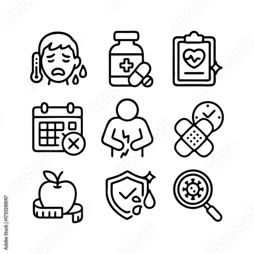 Set of sick health problem icons featuring illness symptoms, treatment, diagnosis, sick leave, chronic conditions, wellness management, prevention, and medical examination.