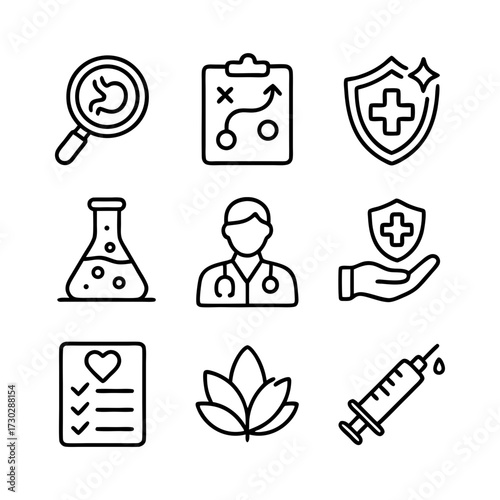 Set of medical icons showing health problem solving, medical diagnosis, treatment plan, healthcare solutions, clinical research, patient care, disease prevention, assessment, wellness, intervention.
