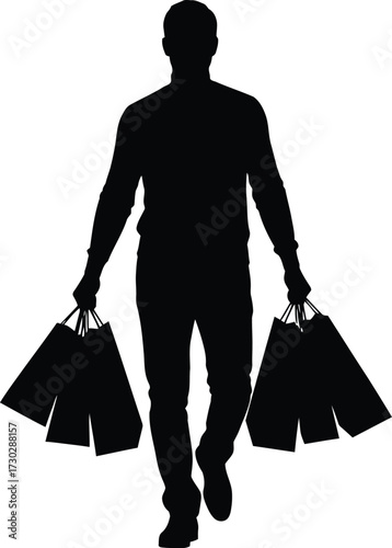 Silhouette of a man carrying shopping bags isolated on white background, showcasing consumerism, retail activity, and the act of purchasing items
