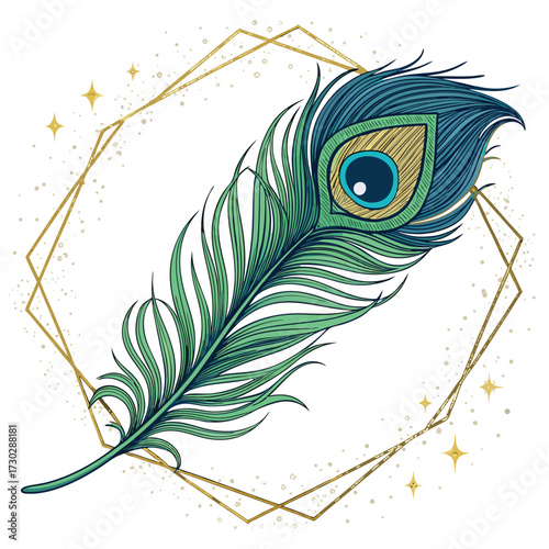 A peacock feather with geometric gold frame and sparkles.