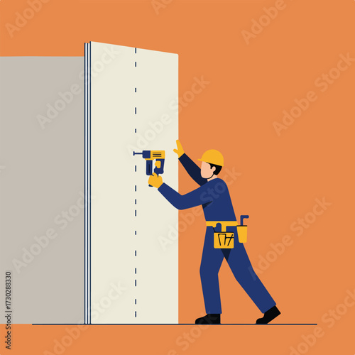 Minimalist construction worker drills into plasterboard wall on orange backdrop