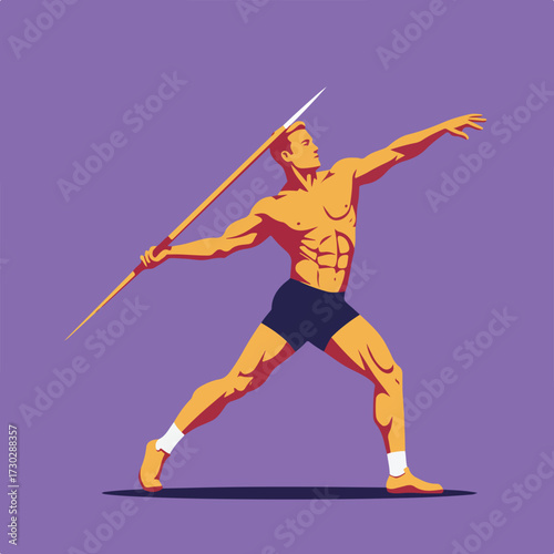 Graphic illustration of a muscular javelin thrower in mid-throw pose