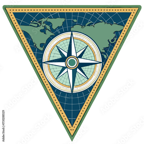 Compass rose superimposed on a world map within a triangular emblem.