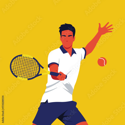 Tennis player serves on yellow