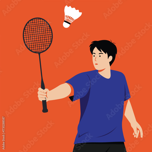 Man swings badminton racket at shuttlecock, on orange