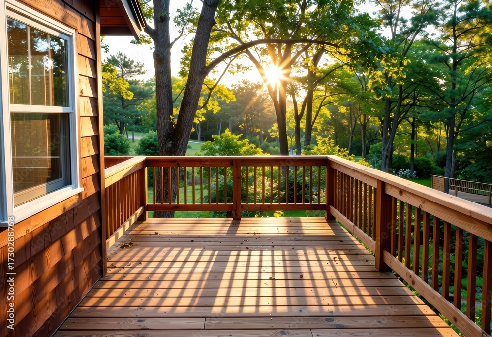 Obraz premium Nature conservation facility with a wooden deck and sunlight filtering through trees