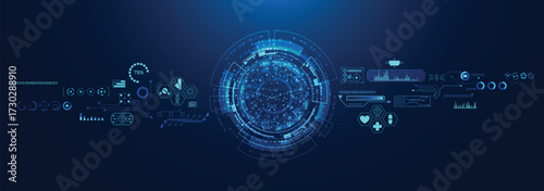 Futuristic healthcare technology background with glowing digital interface, medical icons, AI, DNA, and innovation design, symbolizing smart health, science, and data-driven medicine.