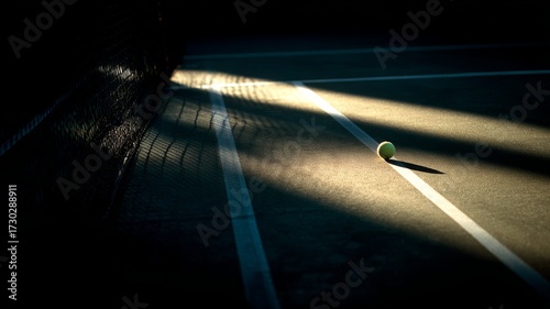 High-resolution night tennis scene with illuminated ball, racket, and dramatic net shadows on an outdoor court under artificial lighting